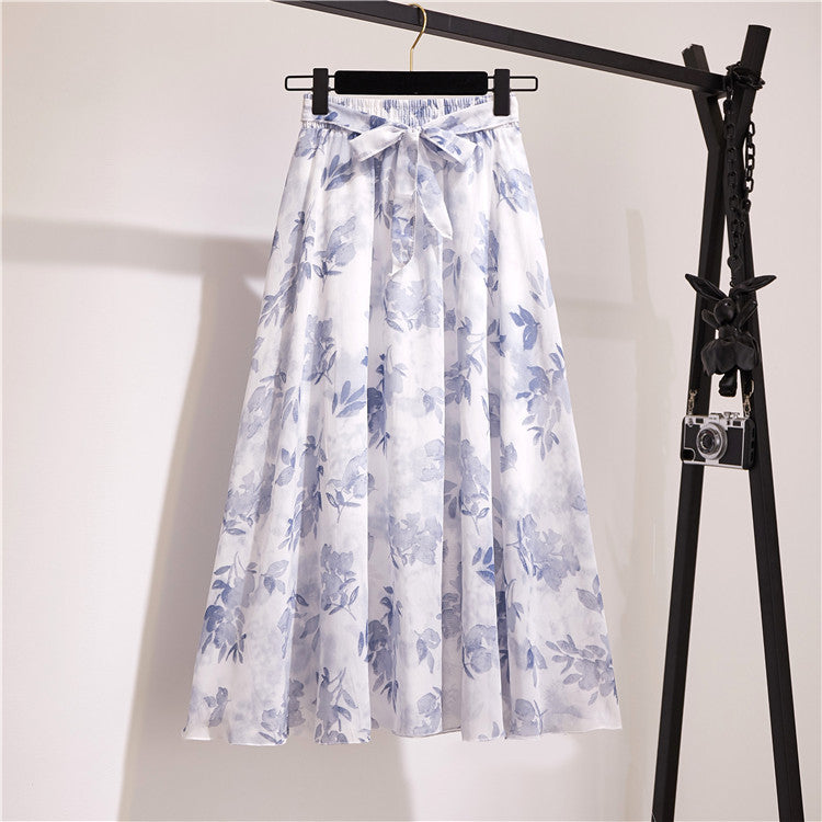 Multi-Color Printed Chiffon High Waist Tie Waist Flowy Maxi Skirt | Vacation Style Elegant A-Line Skirt