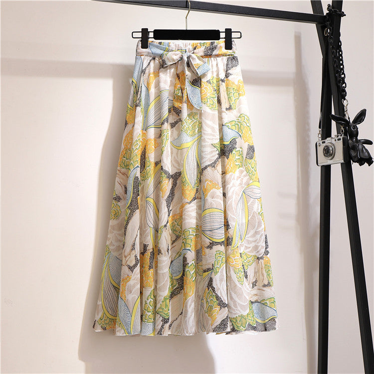 Multi-Color Printed Chiffon High Waist Tie Waist Flowy Maxi Skirt | Vacation Style Elegant A-Line Skirt