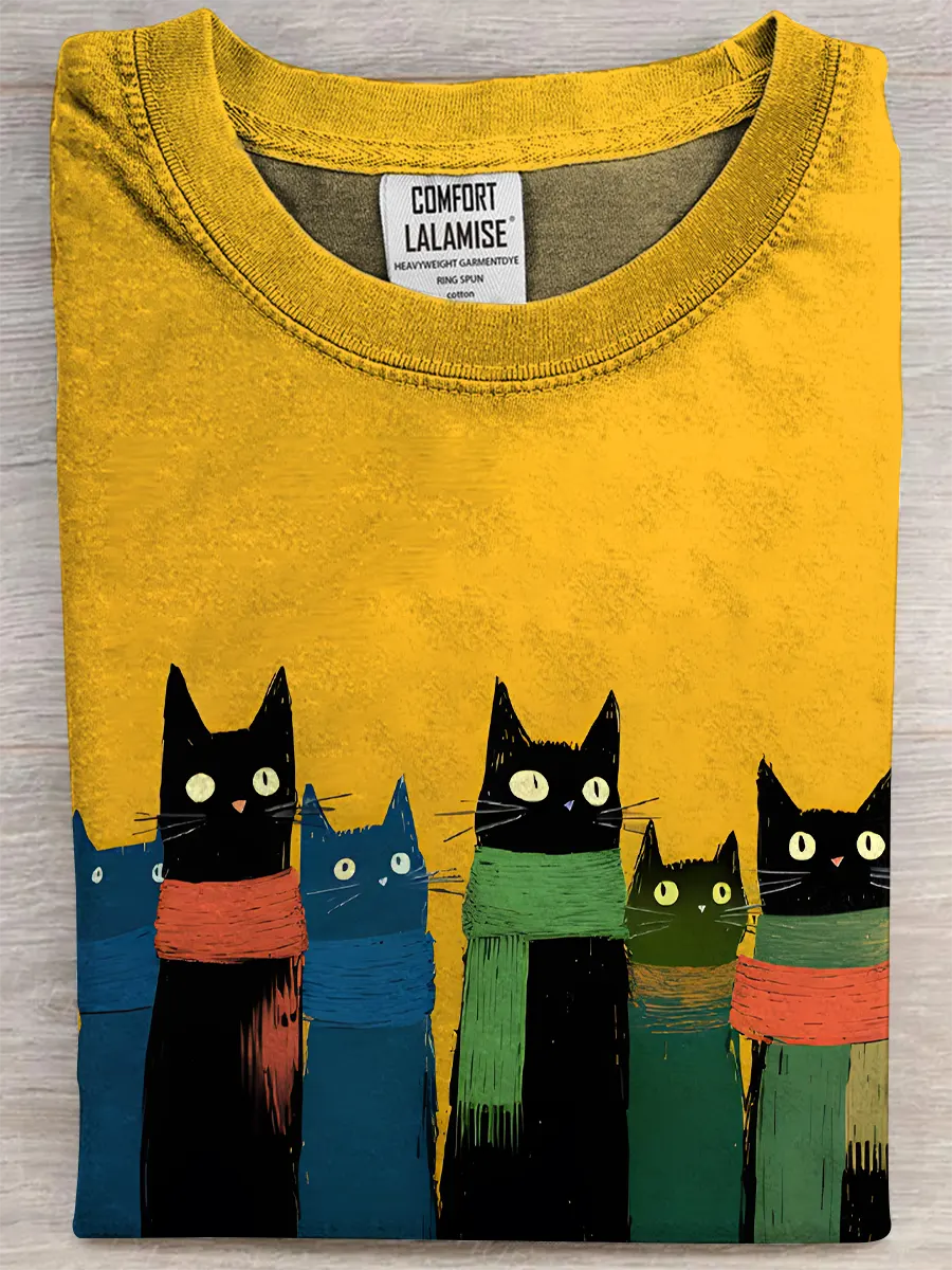 Retro Cat Fun Art Print Casual Pure Cotton Short Sleeved T-shirt