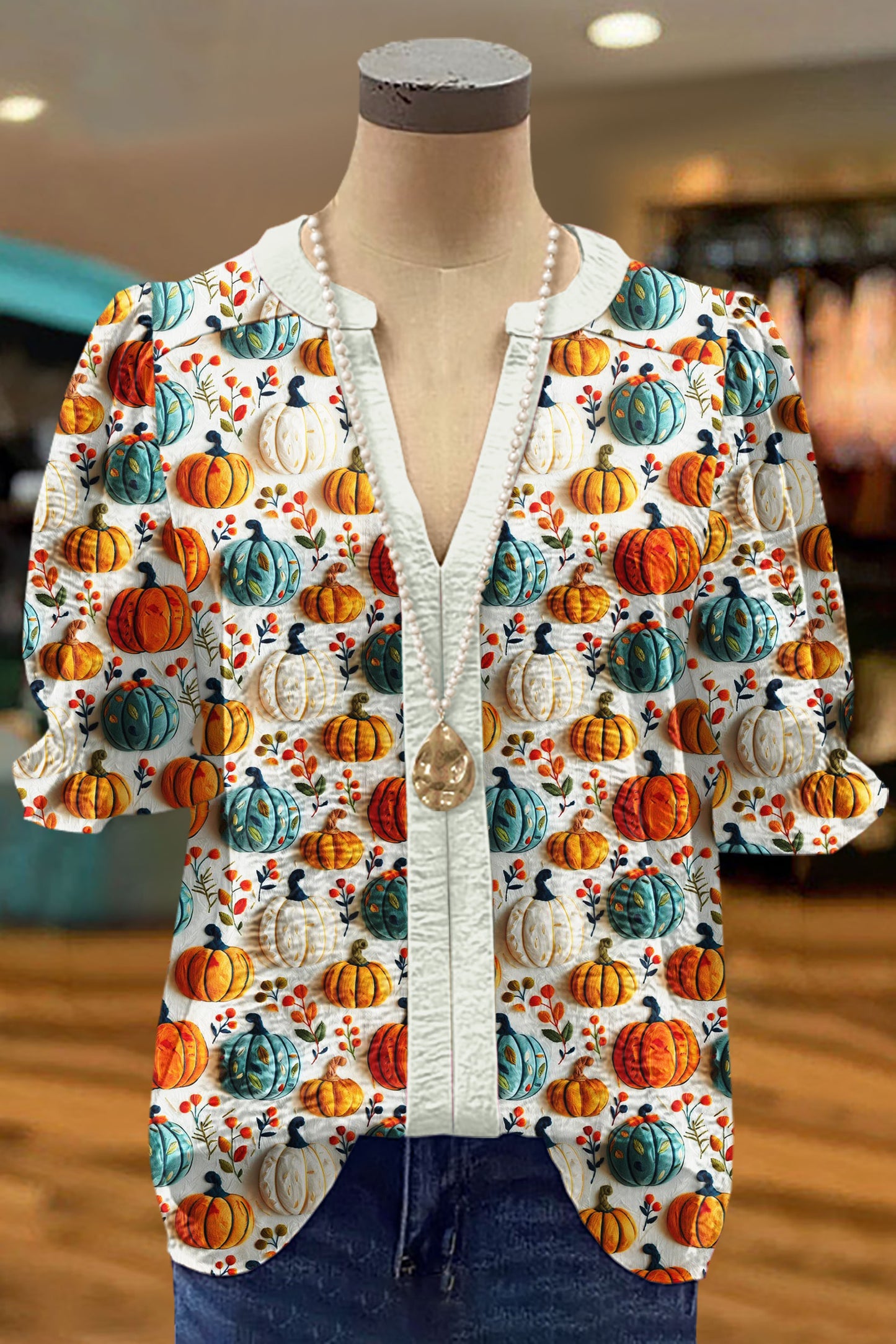 Halloween Pumpkins Floral Print Puff Sleeve Top