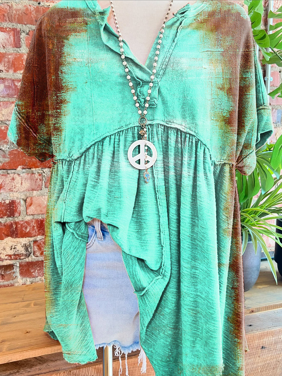 Women's Vintage Floral Print Folds V-neck T-shirt