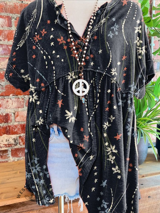 Women's Vintage Floral Print Folds V-neck T-shirt