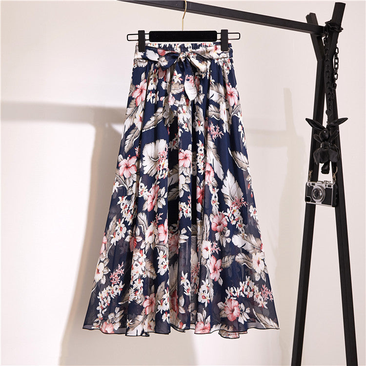 Multi-Color Printed Chiffon High Waist Tie Waist Flowy Maxi Skirt | Vacation Style Elegant A-Line Skirt