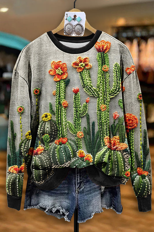 Vintage Western Cactus Embroidery Sweatshirt