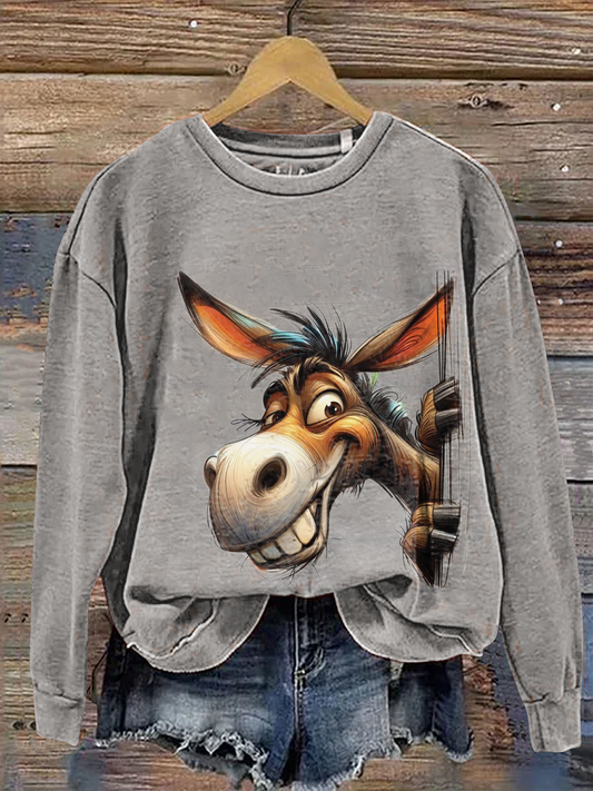 Vintage Donkey Art Prints Casual Cotton Sweatshirt