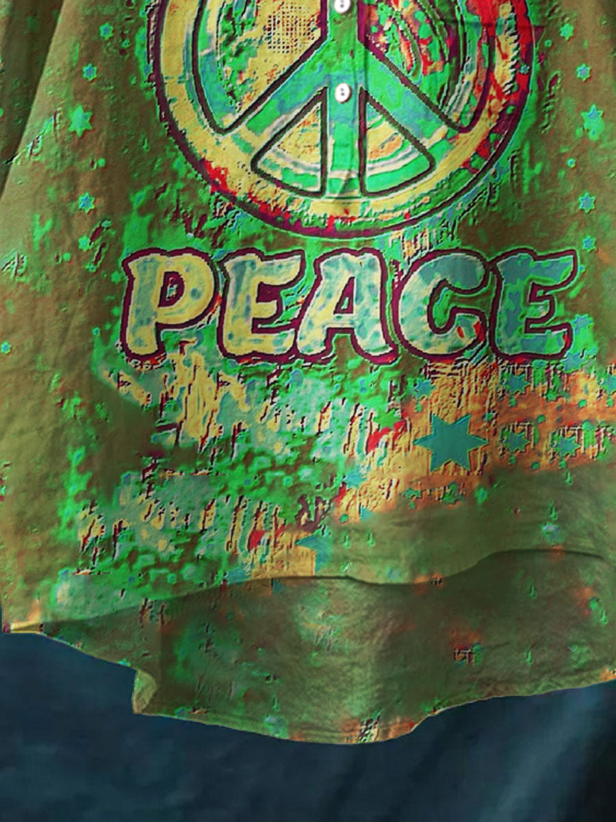 Women's Peace Symbol Hippie Print Casual Cotton And Linen Shirt