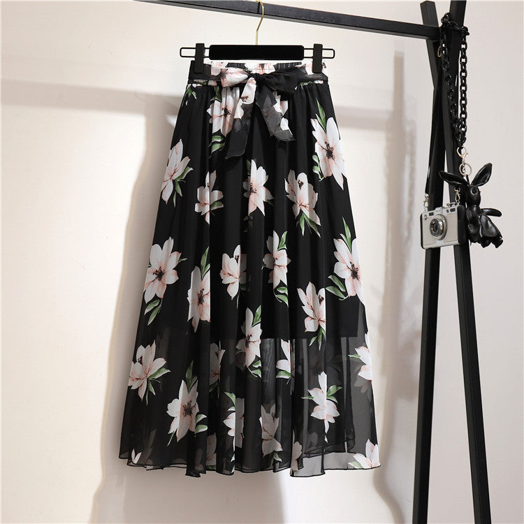 Multi-Color Printed Chiffon High Waist Tie Waist Flowy Maxi Skirt | Vacation Style Elegant A-Line Skirt