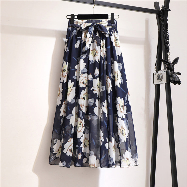 Multi-Color Printed Chiffon High Waist Tie Waist Flowy Maxi Skirt | Vacation Style Elegant A-Line Skirt