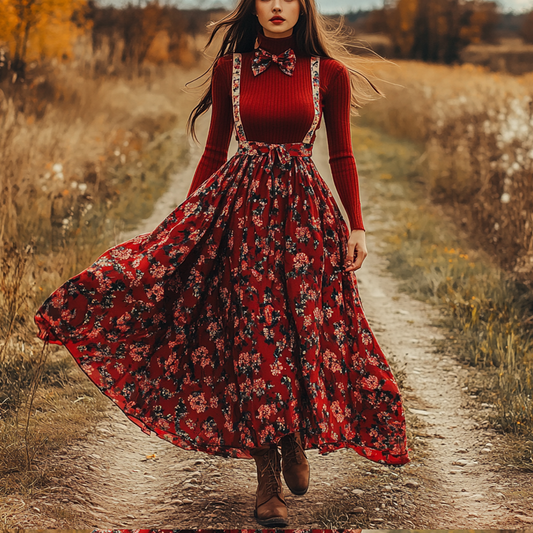 Women's Two-piece Bohemian Pastoral Suspender Floral Dress Autumn And Winter Retro Long Skirt Two-piece Set