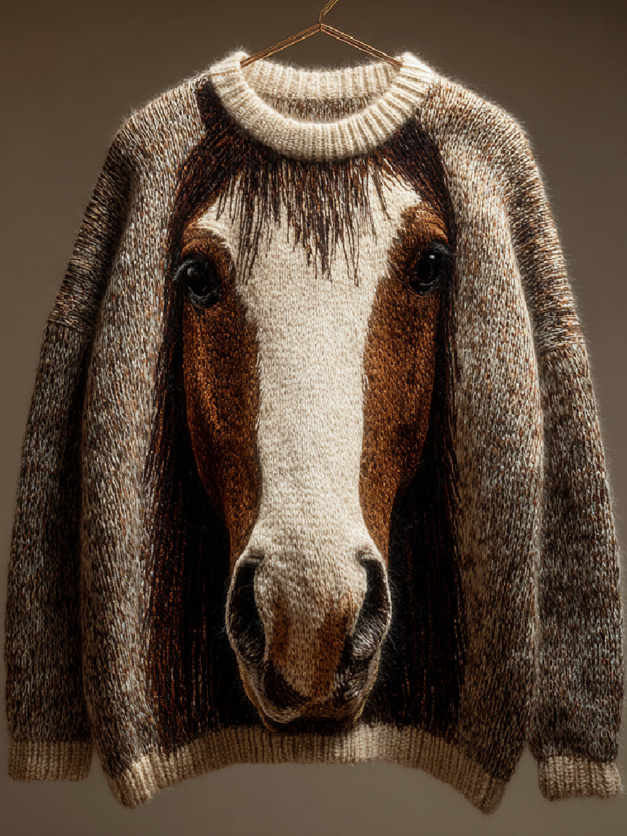 Vintage Horse Art Print Casual Knit Sweater