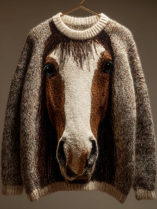 Vintage Horse Art Print Casual Knit Sweater