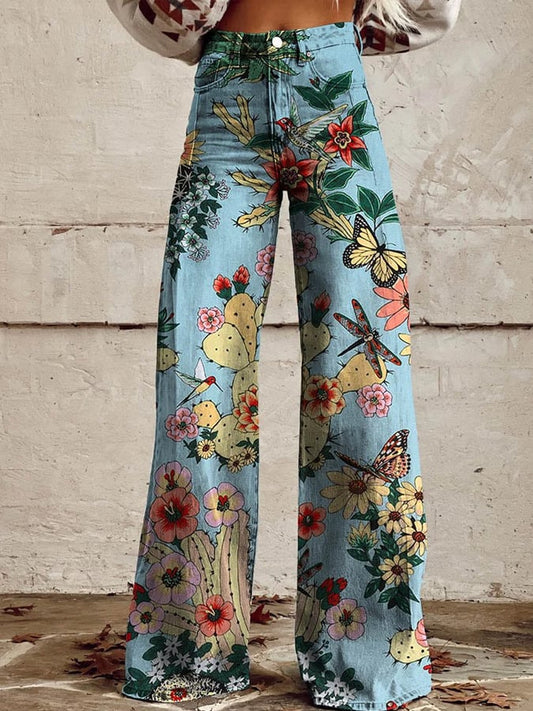 Women's Vintage Botanical Floral Wide Leg Pants