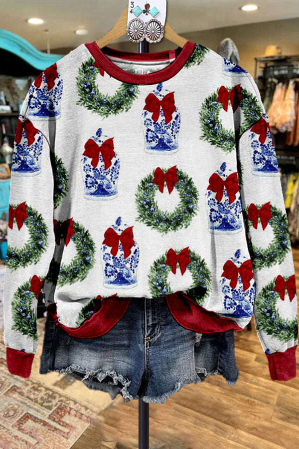 Classic Contrast Color Christmas Print Sweatshirt