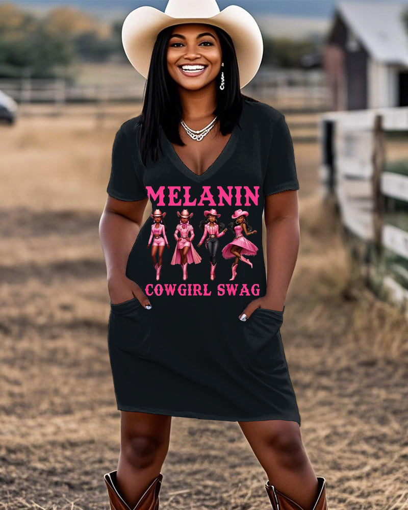 Melanin Cowgirl Swag Casual V-neck Pocket Dress