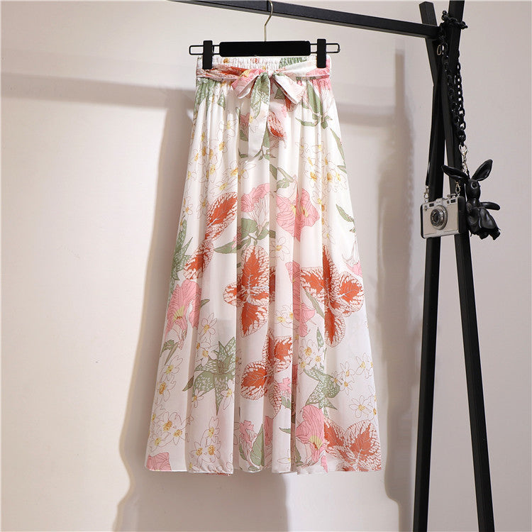 Multi-Color Printed Chiffon High Waist Tie Waist Flowy Maxi Skirt | Vacation Style Elegant A-Line Skirt