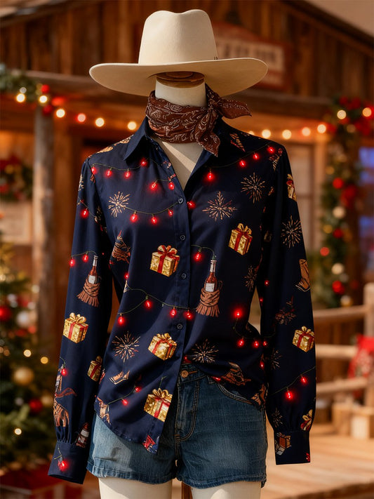 Women's Retro Casual Chirstmas Western Slim Waist Long Sleeve Shirt