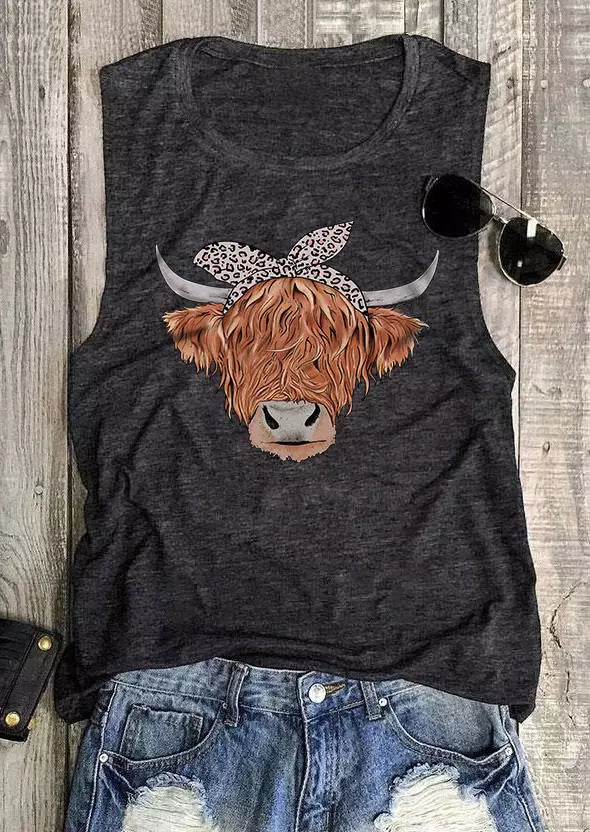 Highland Cattle Leopard O-Neck Tank - Dark Grey