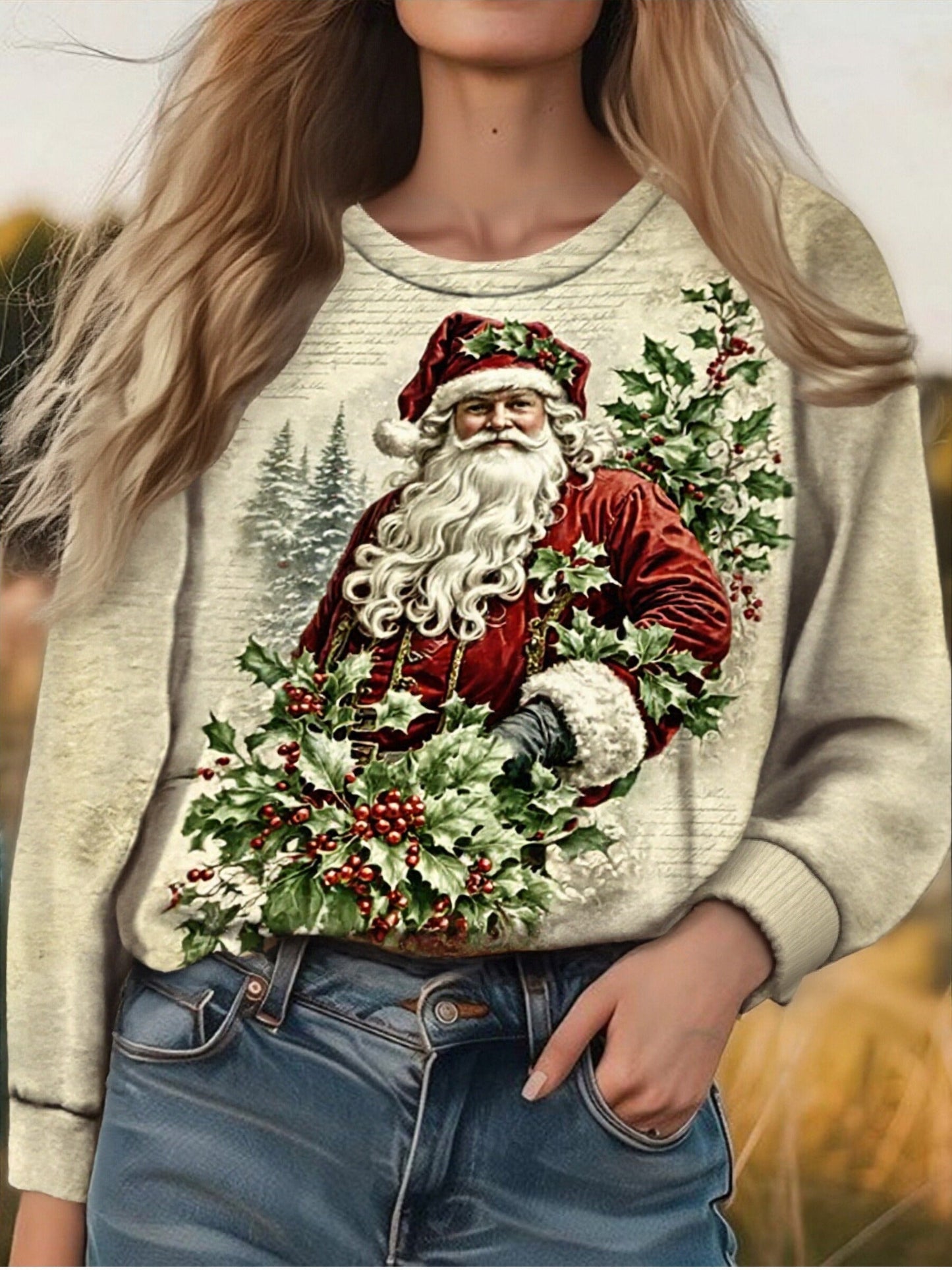 Vintage Santa Claus Print Long Sleeve Sweatshirt