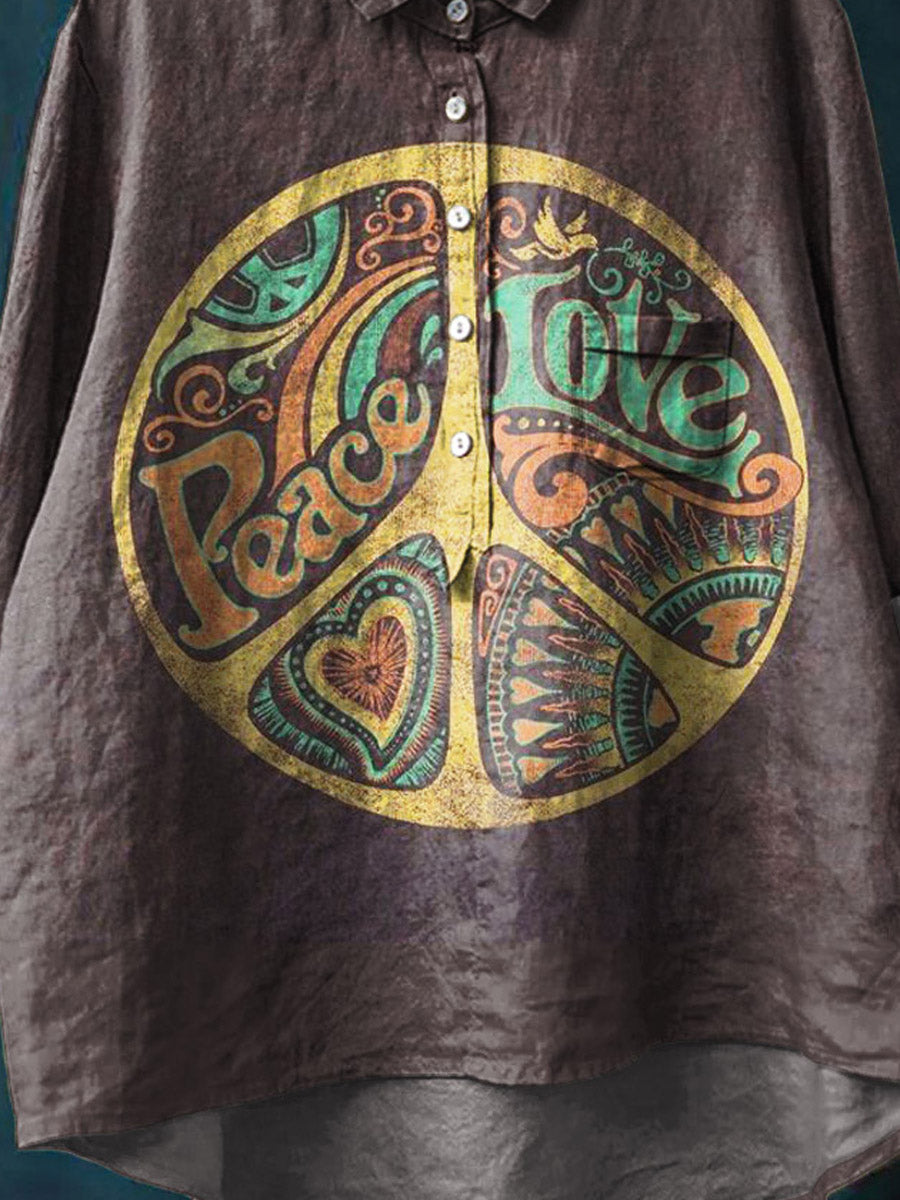 Vintage Peace And Love Art Print Casual Cotton And Linen Shirt