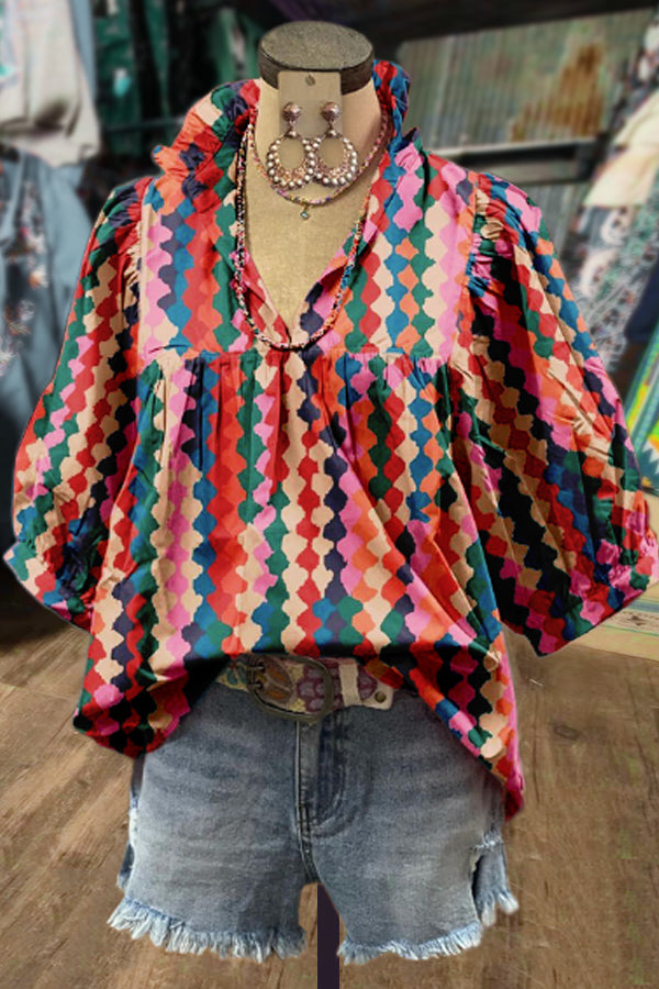 Colorful Retro Print Puff Sleeve Top