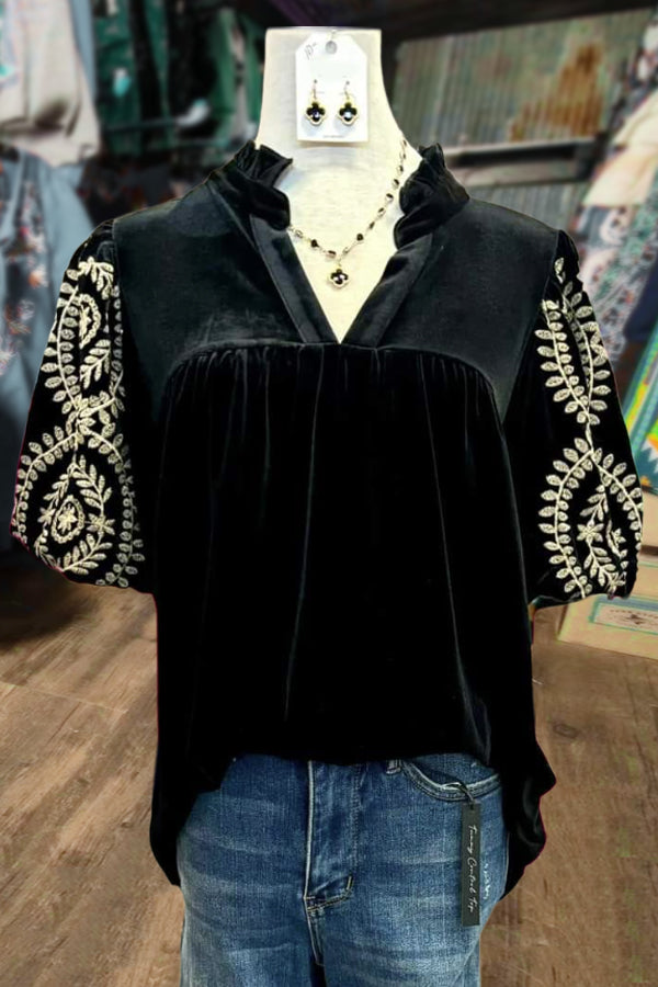 Elegant Floral Embroidered Puff Sleeve Velvet Top