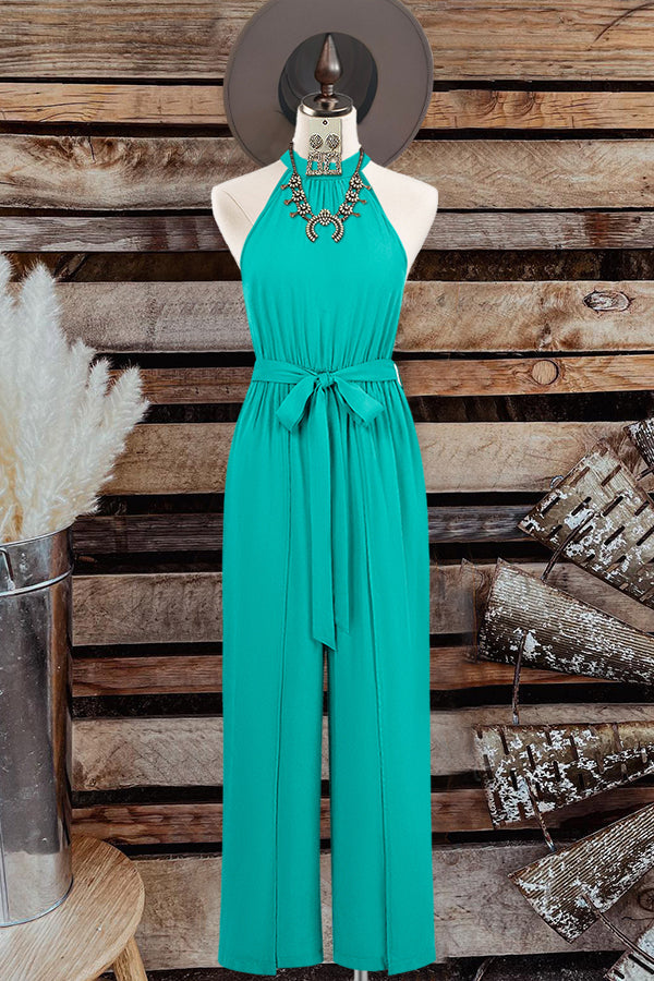 Elegant Solid Color Halterneck Bow Jumpsuit