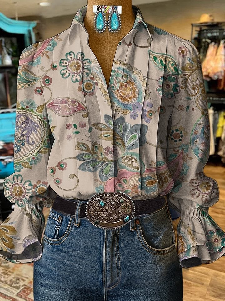 Vintage Paisley Print Casual  Cotton And Linen Shirt