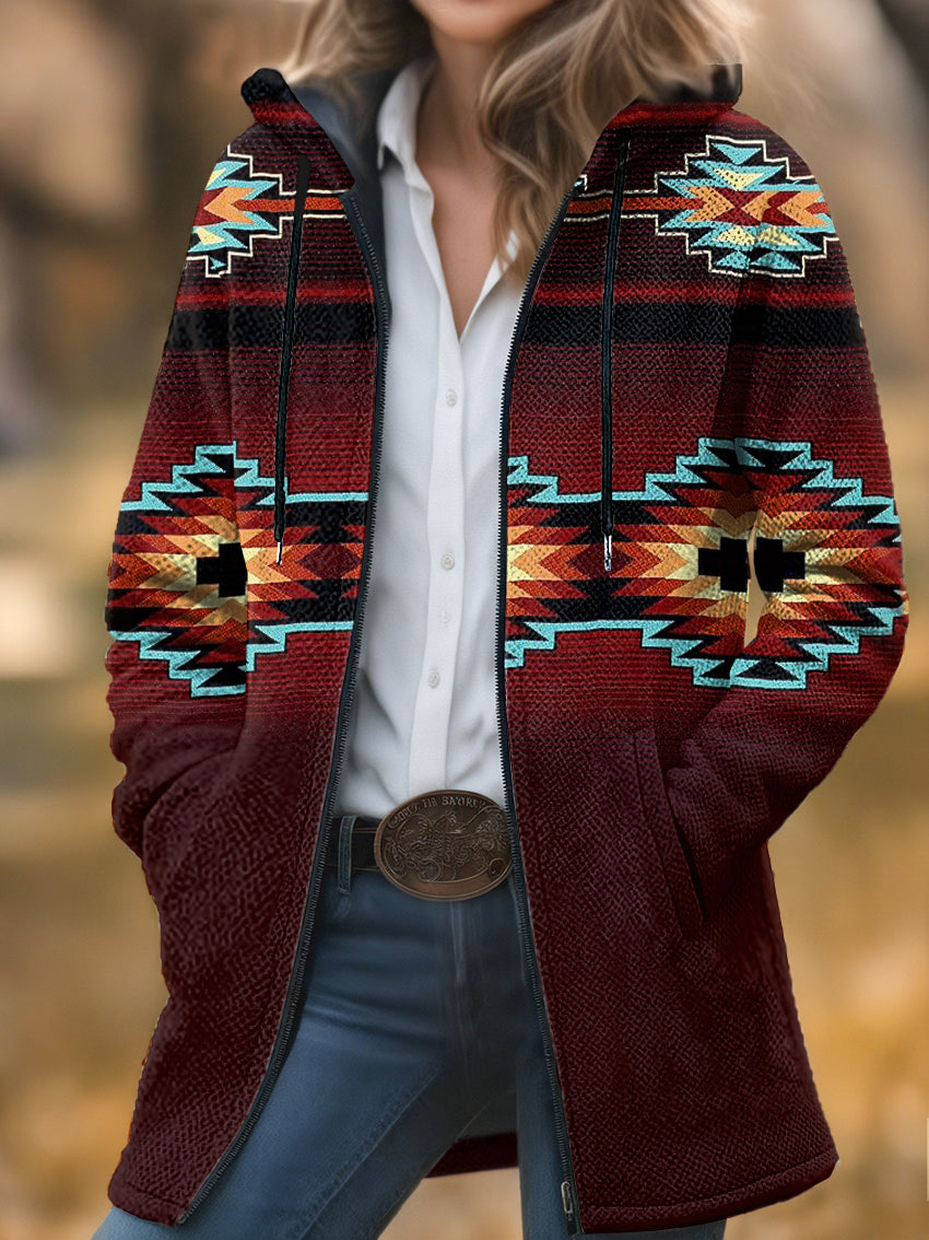 Retro Colorful Aztec Unisex Plush Thick Long-sleeved Cardigan Coat