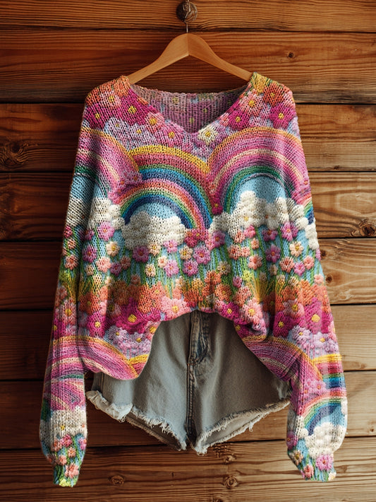 Women's Rainbow Floral Art Pattern Print Casual V Neck Pullover Sweater