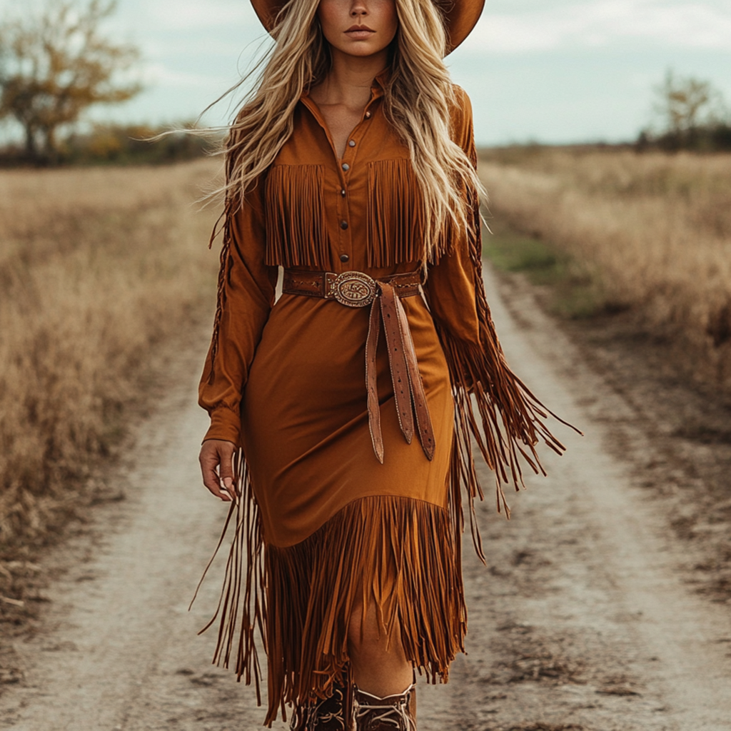 Retro Western Outdoor Women's Tassel Long Shirt Dress Cowboy Style Tassel Dress