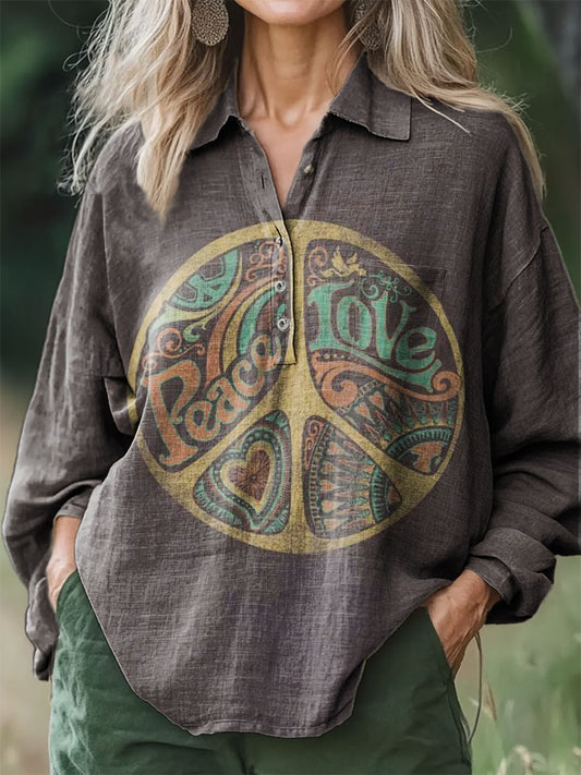 Women's Hippie Graphic Art Print Casual Cotton and Linen Shirt