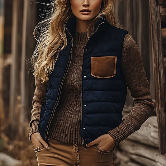 Retro Western Ethnic Cowboy Style Padded Vest Women's Zipper Stand Collar Sleeveless Jacket