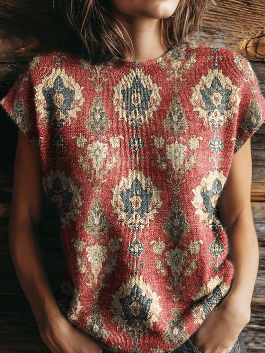 Women's Retro Ethnic Totem Print Casual Crew Neck Short Sleeve Knitted Sweater