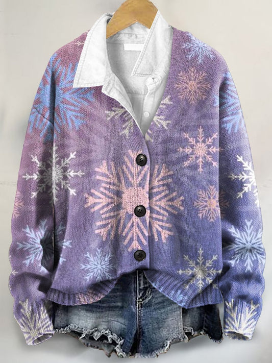 Christmas Snowflake Art Print Buttoned V-neck Cardigan Sweater