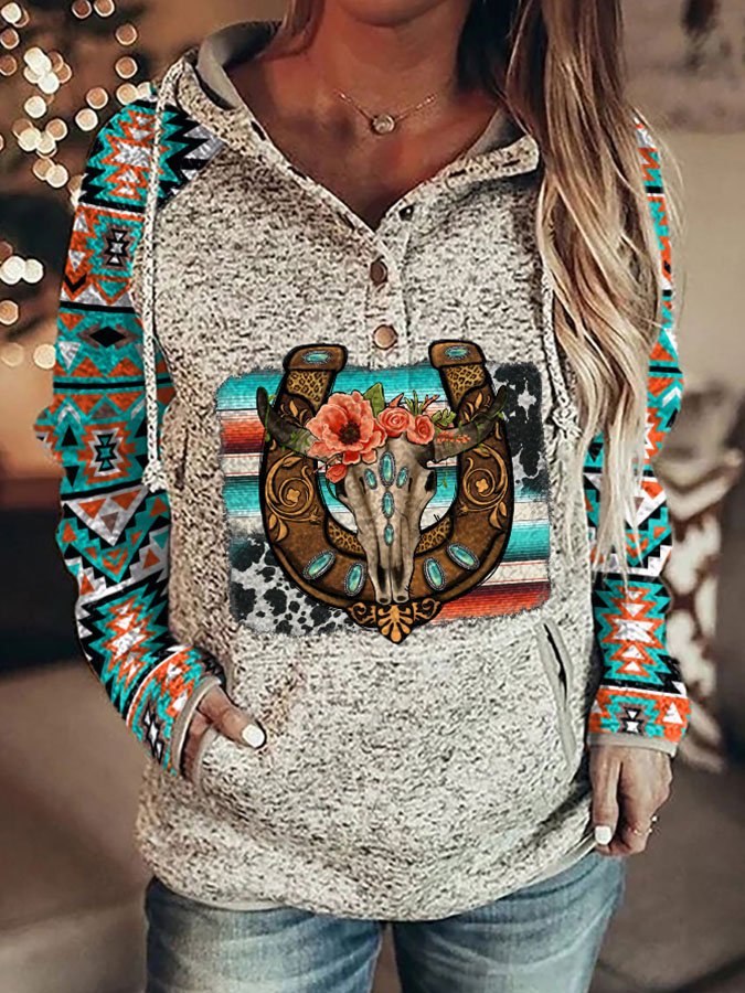 Vintage Ethnic Print Hooded Long Sleeve Sweatshirt