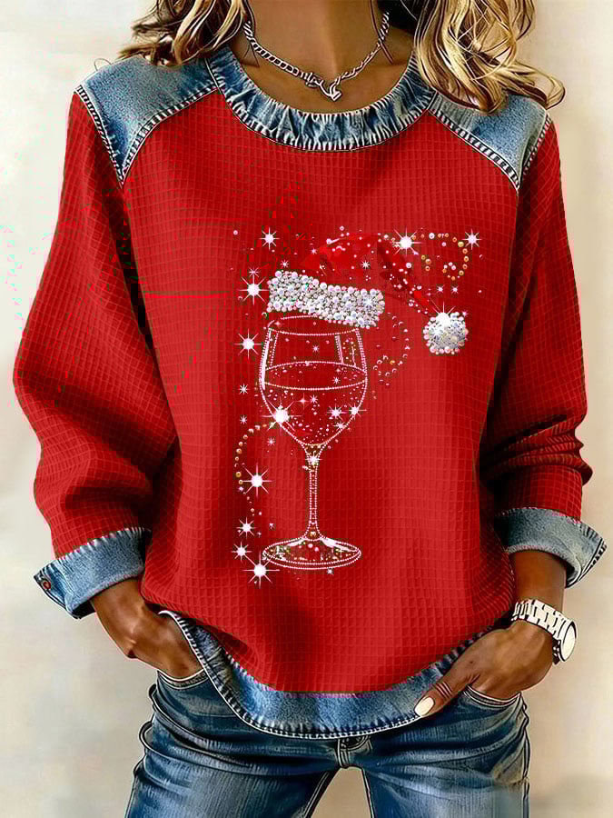 Women's Christmas Wine Glass Print Casual Sweatshirt