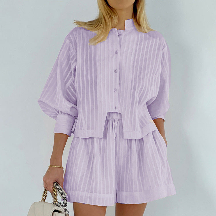 Cardigan Shorts Striped Suit Two-Piece Set
