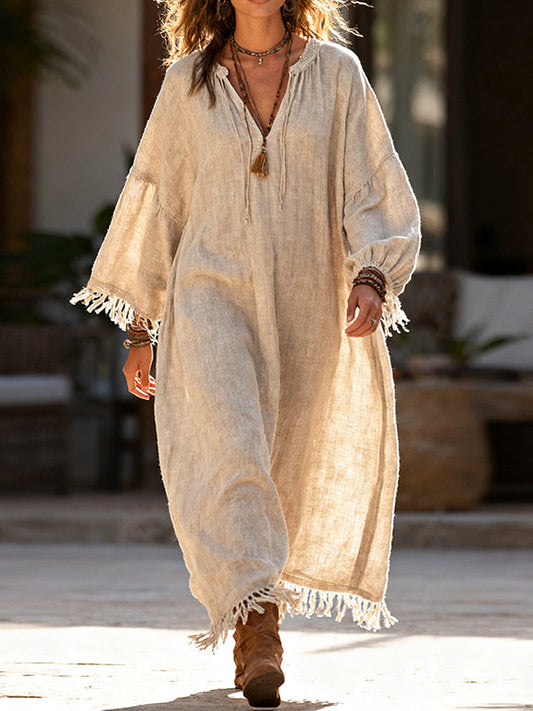 Women's Boho Solid V-Neck Tassel Maxi Dress