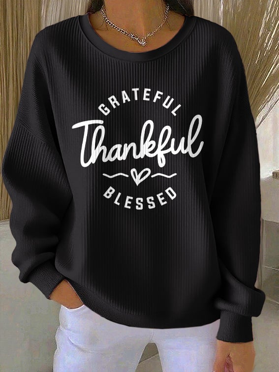 Women's Casual Vintage Grateful Thankful Blessed Textured Sweatshirt