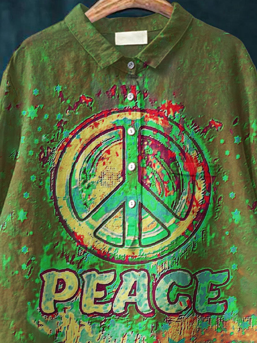 Women's Peace Symbol Hippie Print Casual Cotton And Linen Shirt