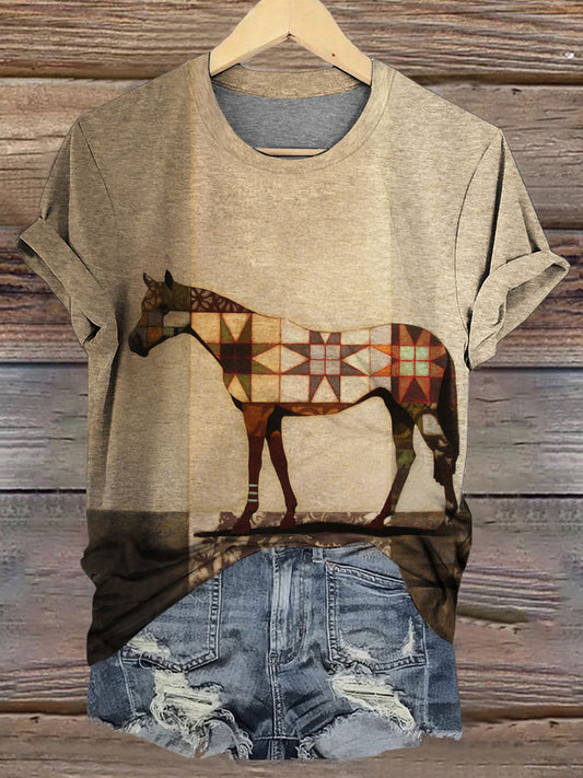 Vintage Horse Print Casual T-shirt