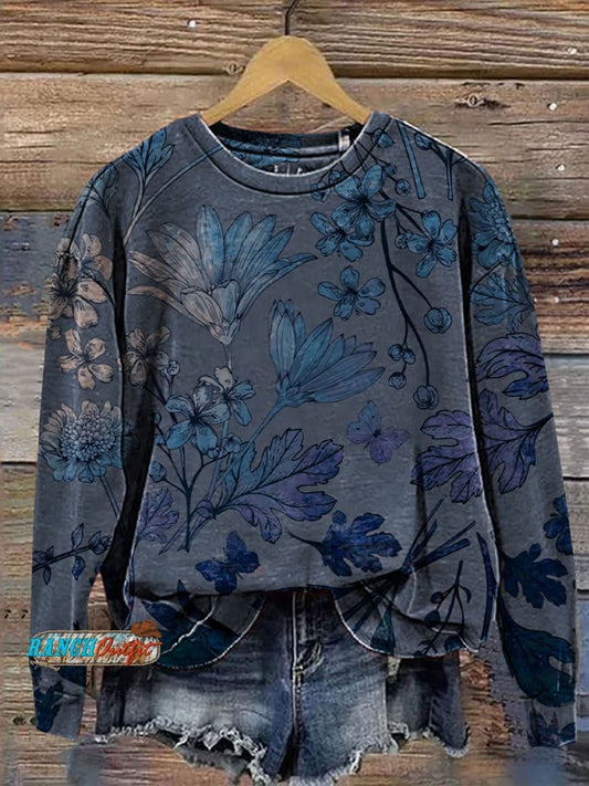 Women's Retro Floral Print Crew Neck Casual Sweatshirt