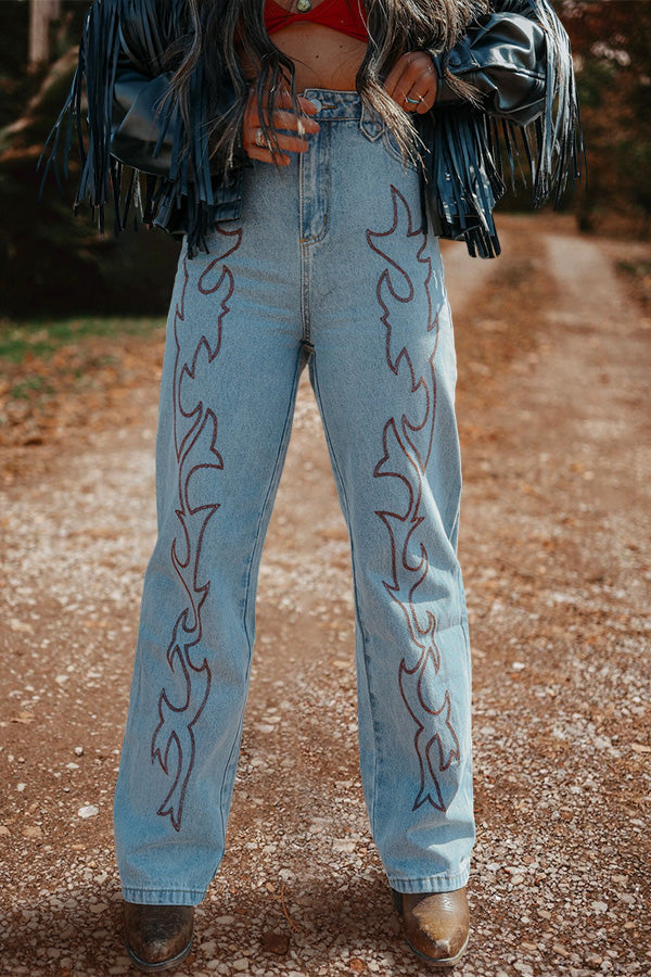 Retro Abstract Print Straight Leg Jeans