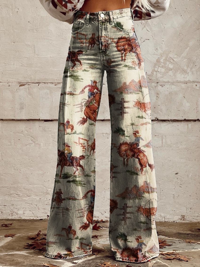 Women's Retro Pattern Print Casual Wide Leg Pants