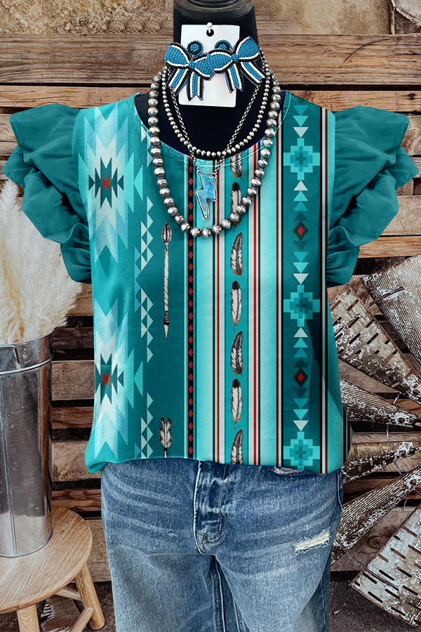 Western Turquoise Totem Prints Flying Sleeve Top