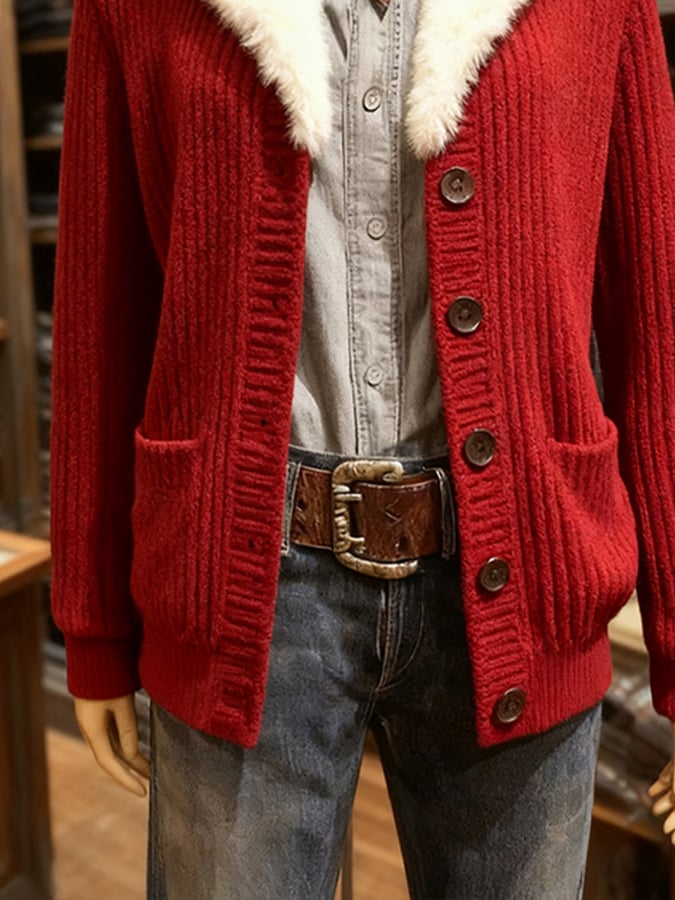 Women'S Christmas Contrast Fur Collar Knitted Cardigan