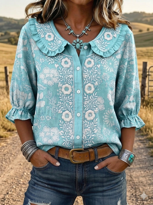 Vintage Floral Print  Peter Pan Collar Shirt