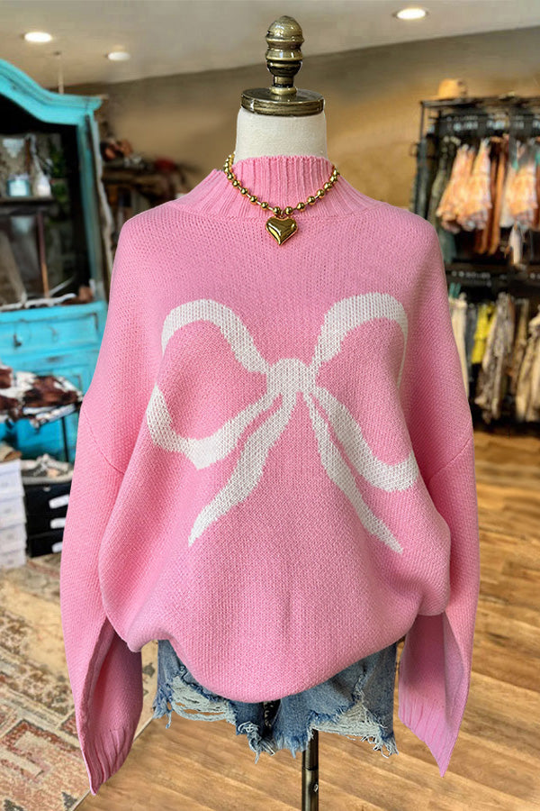 Retro Bowknot Mock Neck Sweater Top