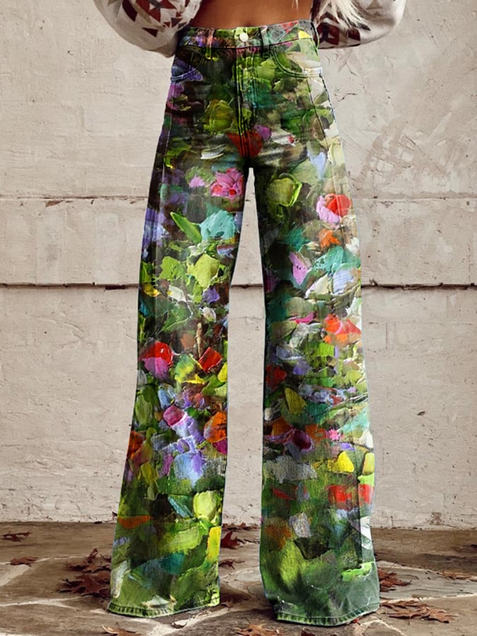 Women's Vintage Oil Painting Floral Wide Leg Pants