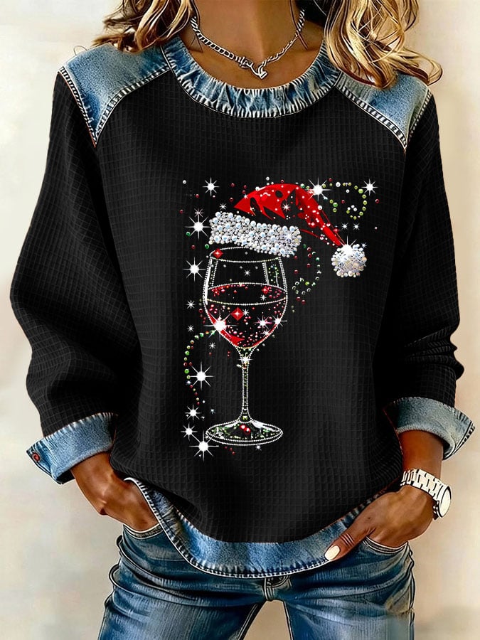 Women's Christmas Wine Glass Print Casual Sweatshirt